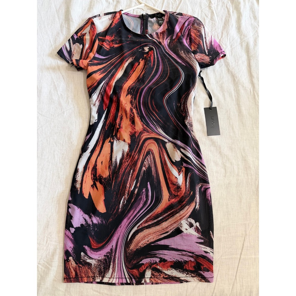 h:ours Mesh Mini Dress Revolve XS Multicolor Swirl Short Sleeve Semi Sheet